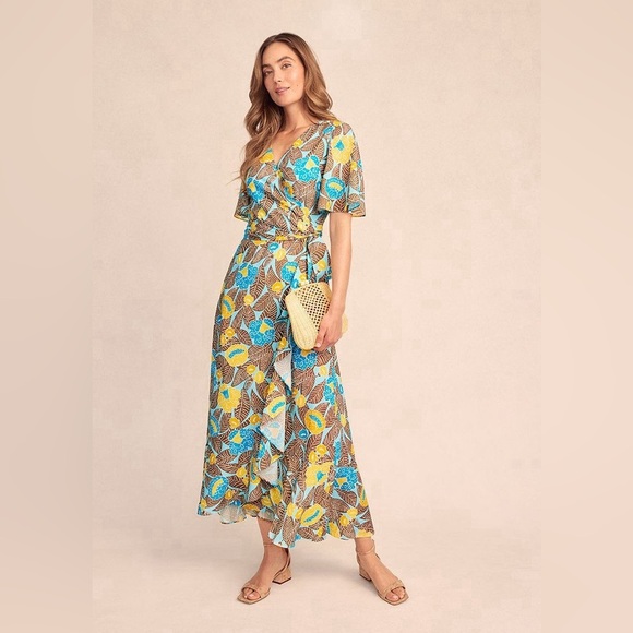 NEW J.Mclaughlin Audette Dress Aqua Brown Gold Size Large Midi Wrap NWT NEW J.Mclaughlin Audette Dress Aqua Brown Gold Size Large Midi Wrap NWT